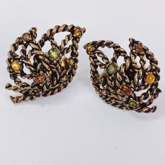 Vintage Signed Avon Gold Tone Leaf Rhinestone Earrings 1970s Autumn Fall Pin - Picture 6 of 9